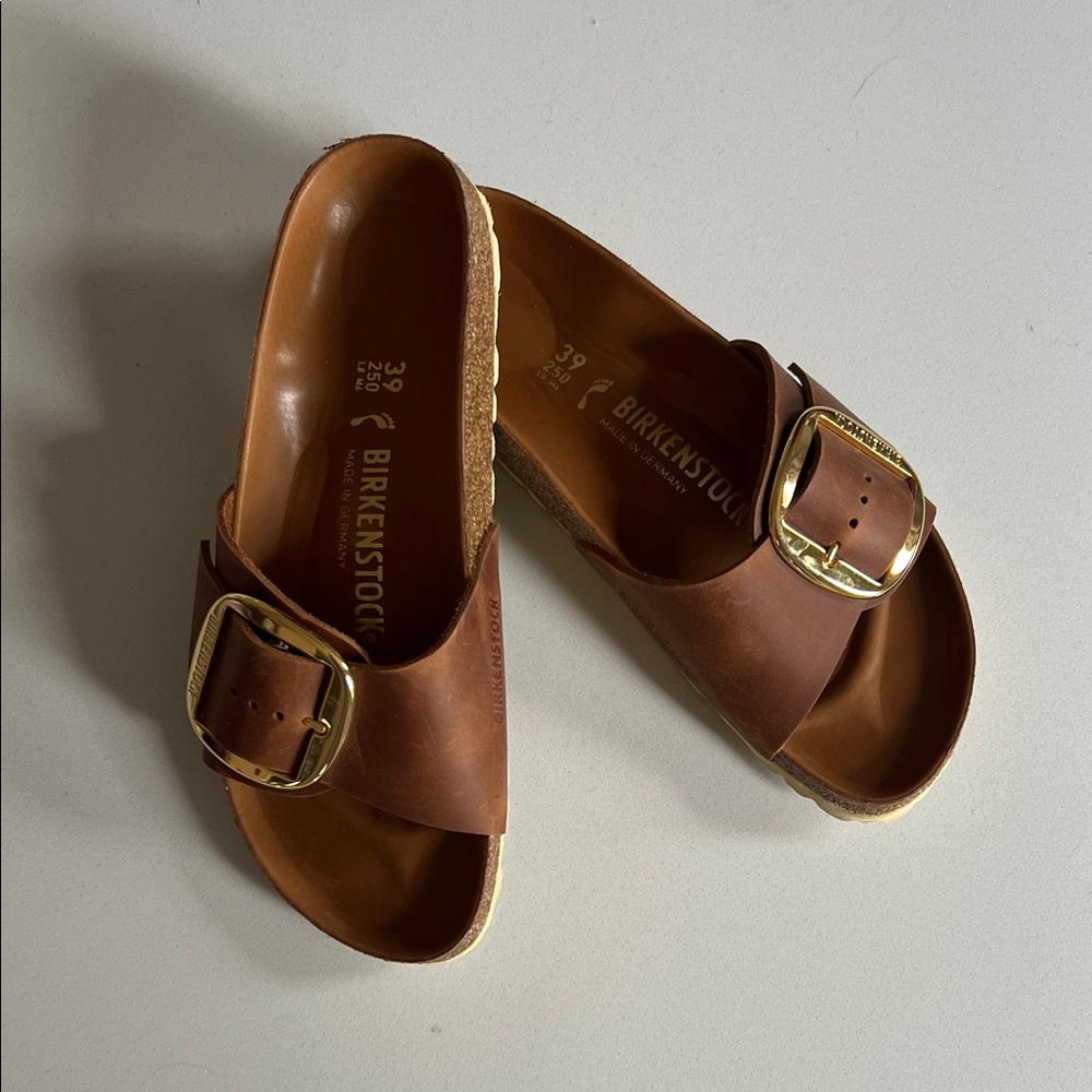 Birkenstock Brown Leather Single-Buckle Madrid Slides with Gold Buckles